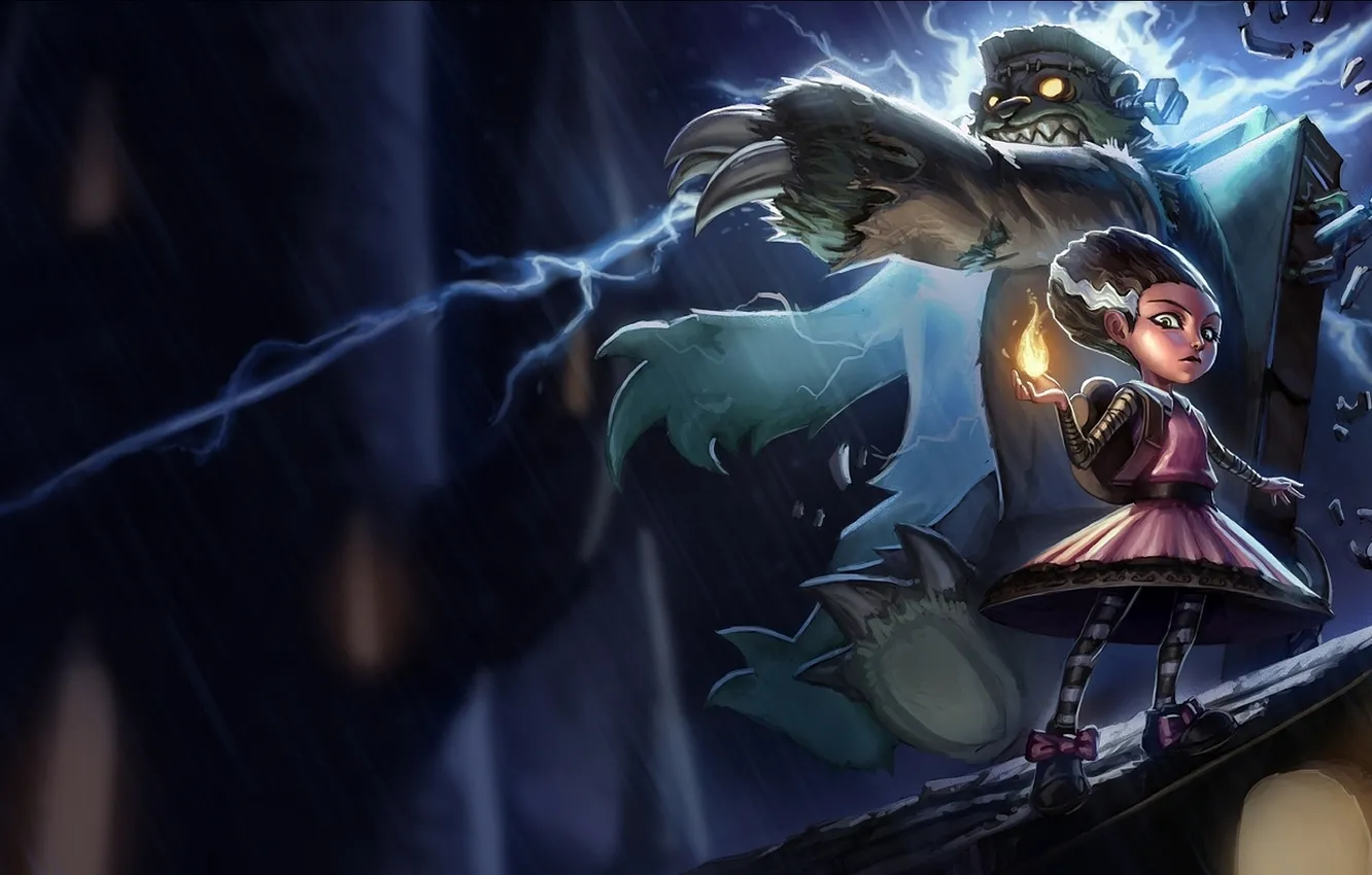 Photo wallpaper rain, lightning, League of Legends, tibbers, Annie, Frankentibbers Annie