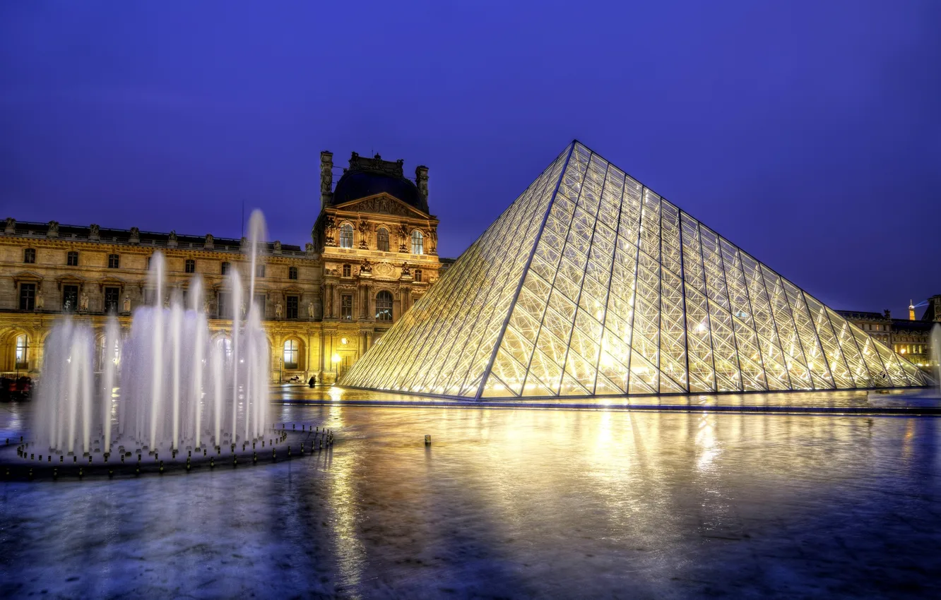Photo wallpaper water, light, the city, reflection, France, Paris, the evening, The Louvre