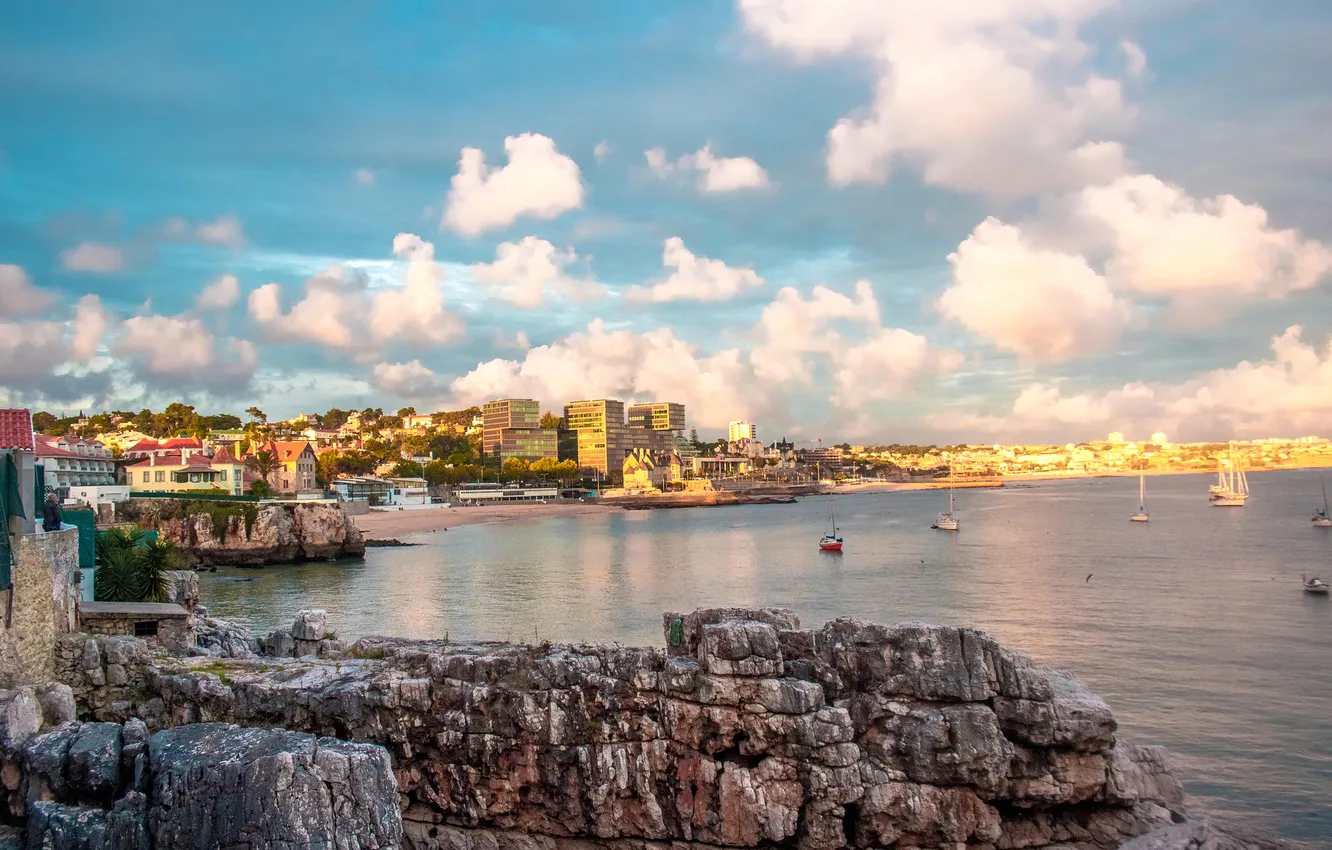 Photo wallpaper sea, stones, coast, home, yachts, Portugal, Cascais