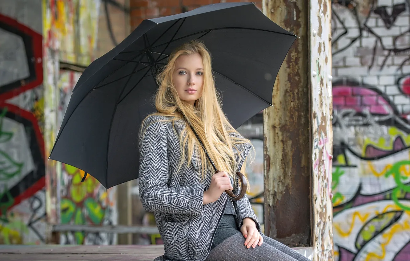 Photo wallpaper look, girl, hair, umbrella, blonde