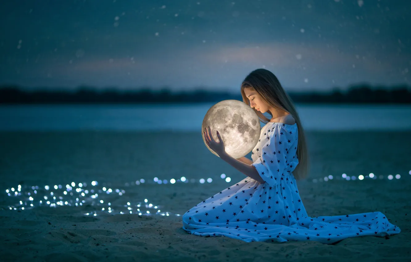 Photo wallpaper sand, the sky, girl, the moon, the evening, dress, bokeh