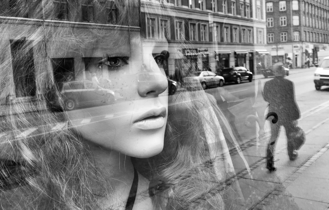 Photo wallpaper eyes, glass, girl, face, reflection, hair, mirror, lips