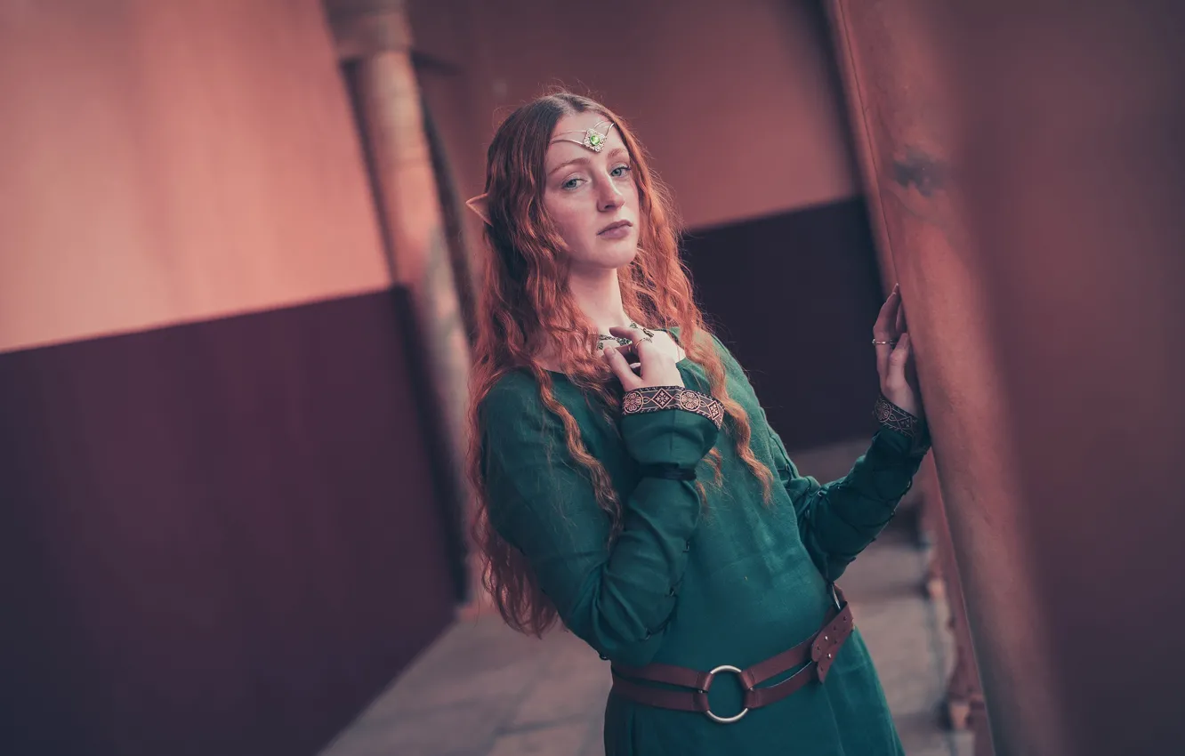 Photo wallpaper sadness, look, girl, decoration, face, pose, green, style