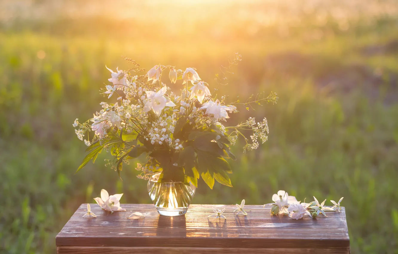 Photo wallpaper flowers, nature, table, background, bouquet, vase, Mayakruchankova