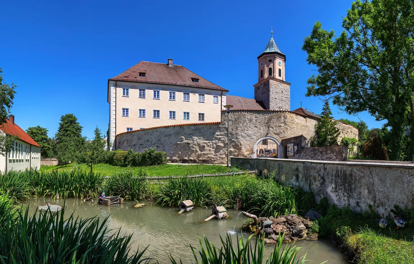 Photo wallpaper greens, summer, the sky, grass, the sun, trees, pond, home