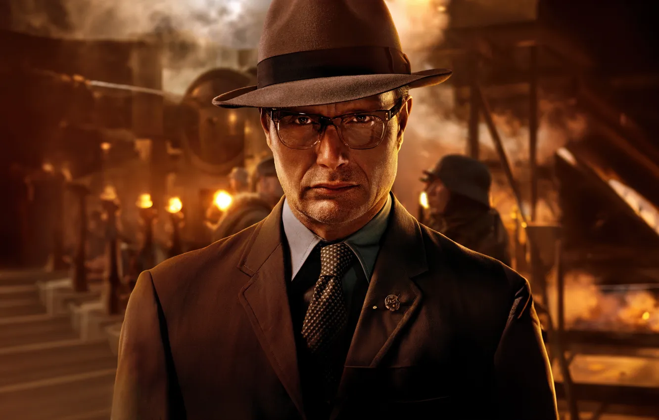 Photo wallpaper fiction, hat, glasses, costume, adventure, action, Mads Mikkelsen, Mads Mikkelsen