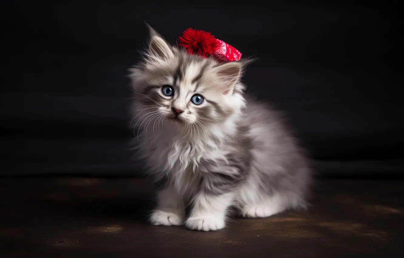 Photo wallpaper cat, look, red, pose, the dark background, grey, sweetheart, fluffy