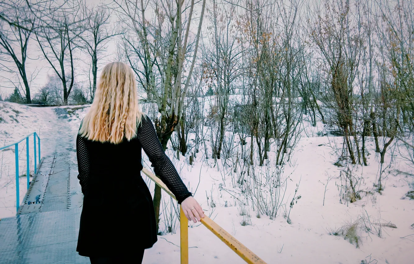 Photo wallpaper winter, girl, bridge, blonde, beauty, is, black dress, well maintained
