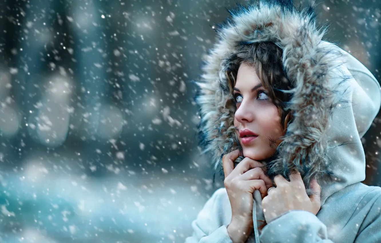Photo wallpaper cold, girl, snow, hood, fur, Alessandro Di Cicco, Let it snow