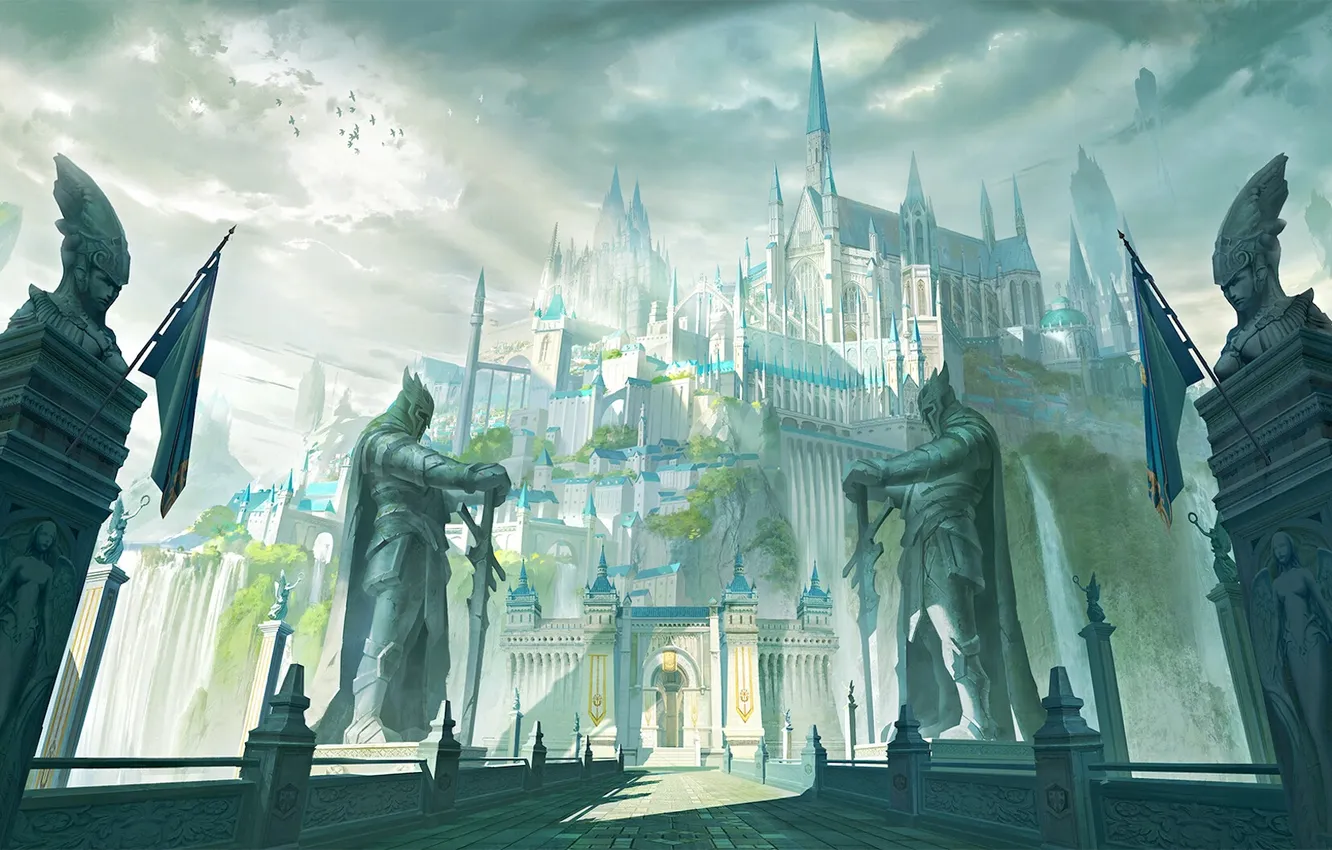 Photo wallpaper sword, fantasy, clouds, birds, castle, digital art, artwork, fantasy art