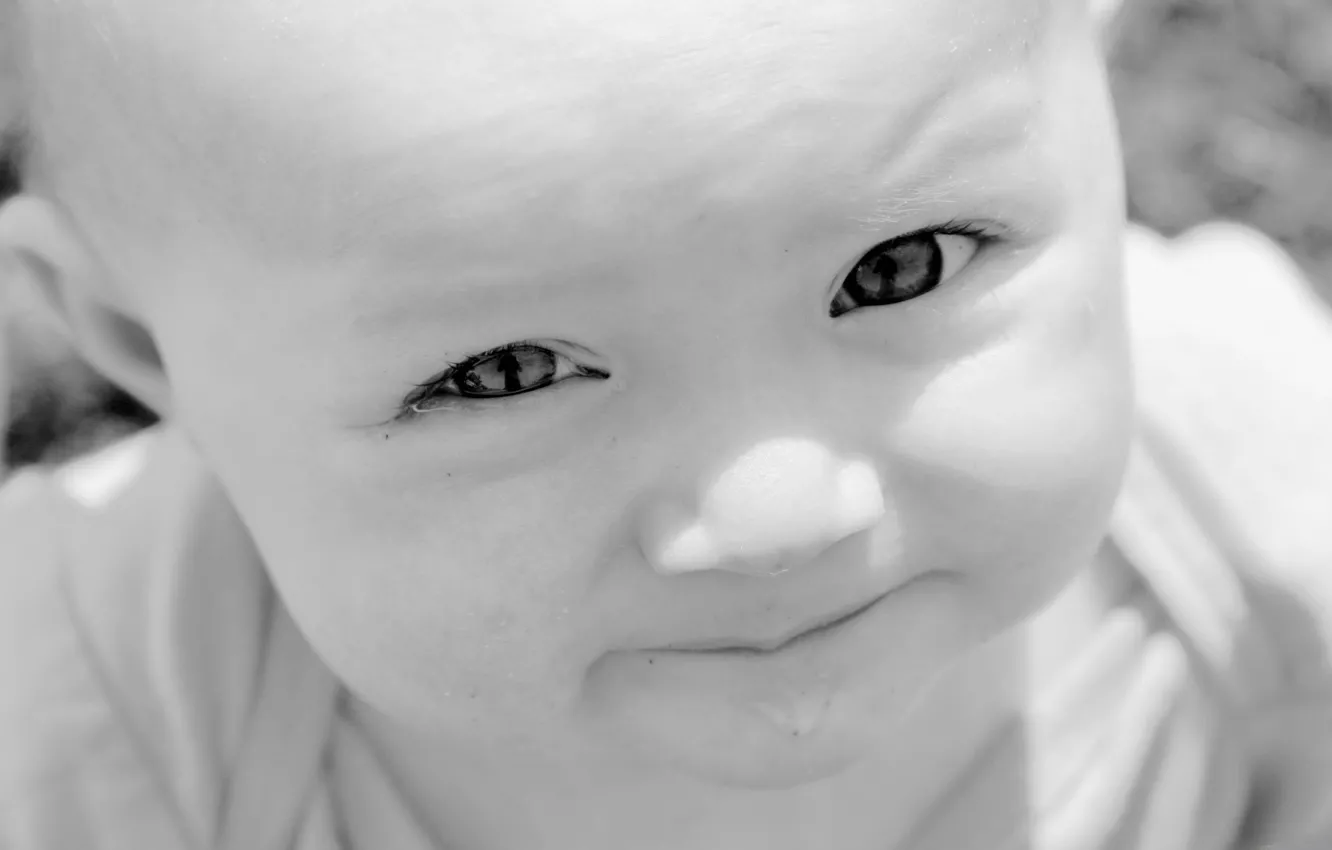 Photo wallpaper eyes, reflection, black and white, nose, baby, lips, salivating