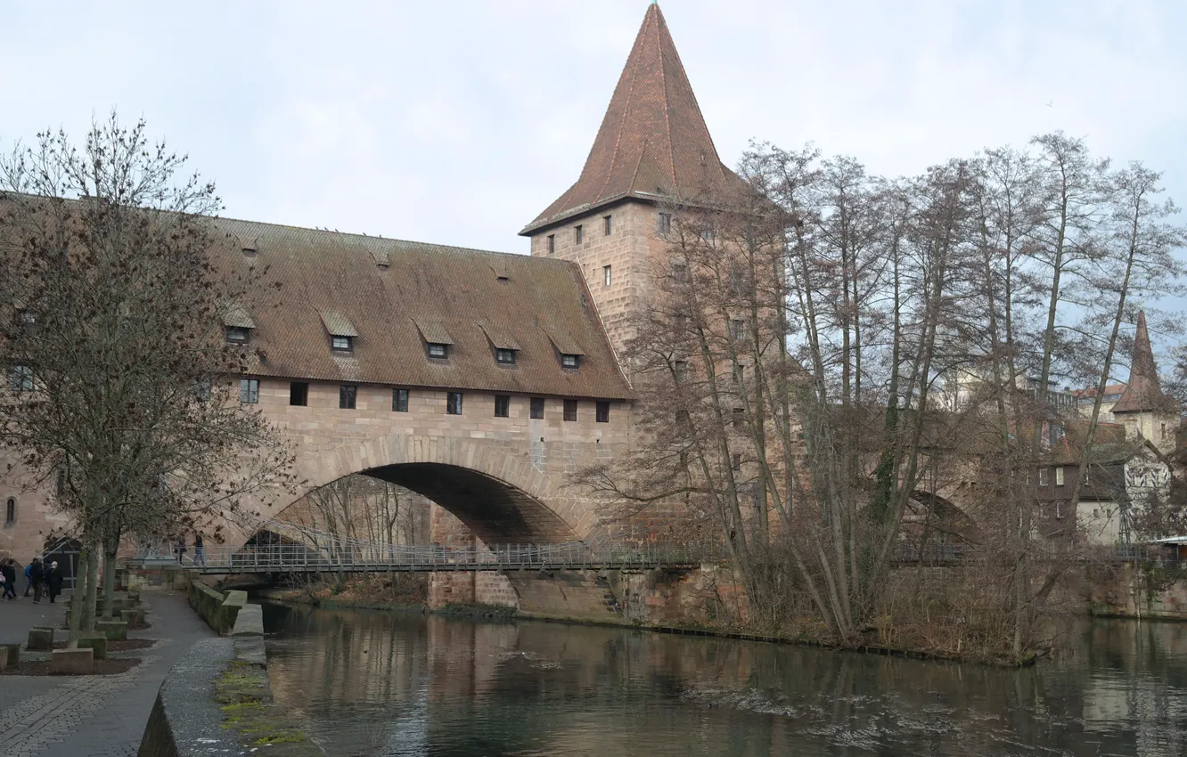 Photo wallpaper river, tower, Germany, Bayern, suspension bridge, Nuremberg
