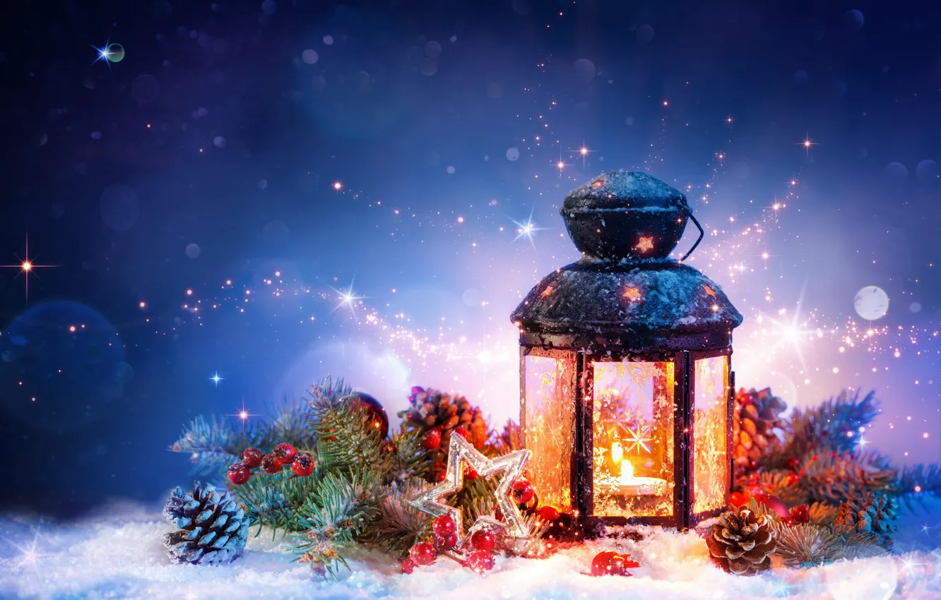 Photo wallpaper snow, decoration, Christmas, lantern, New year, tinsel, bumps