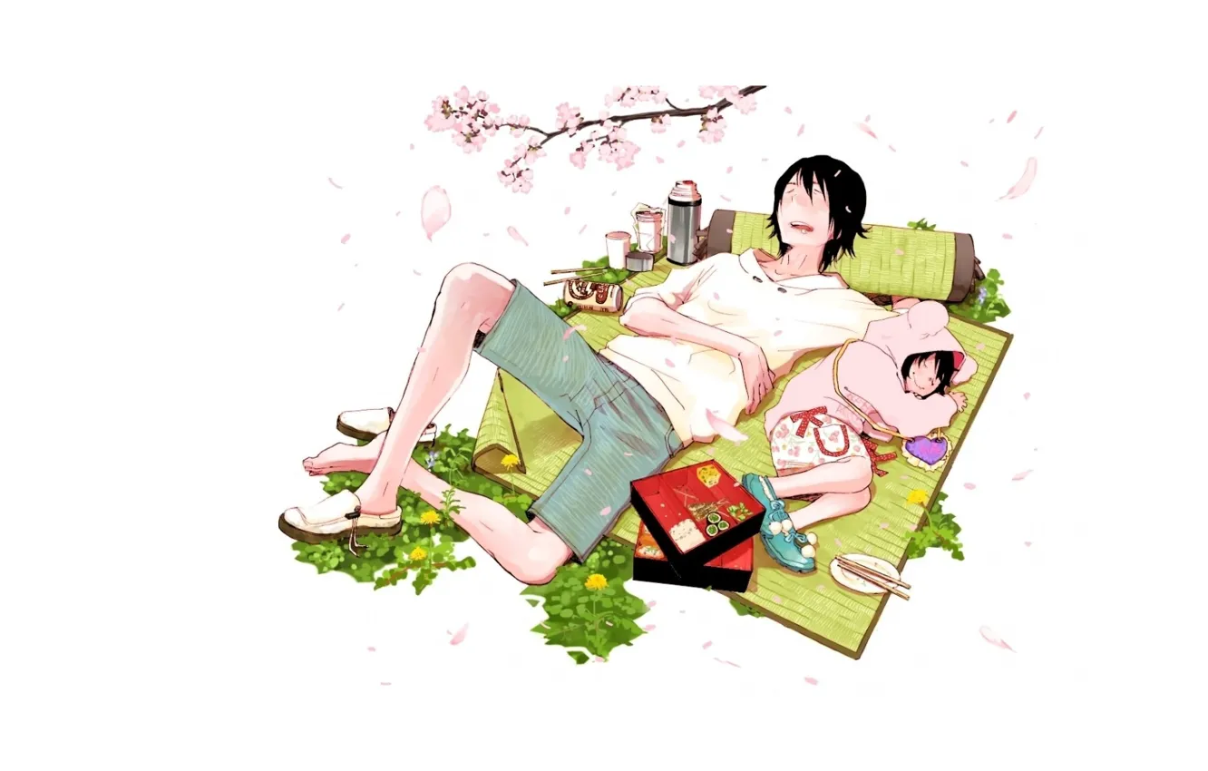 Photo wallpaper white background, guy, dandelions, thermos, little girl, cherry blossoms, Bento, sweet dream