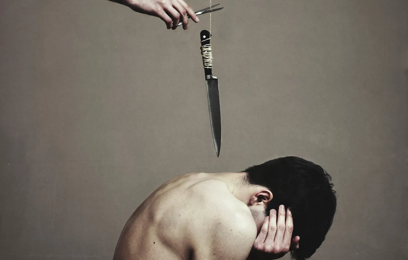 Photo wallpaper fear, the situation, knife, guy, rock, scissors