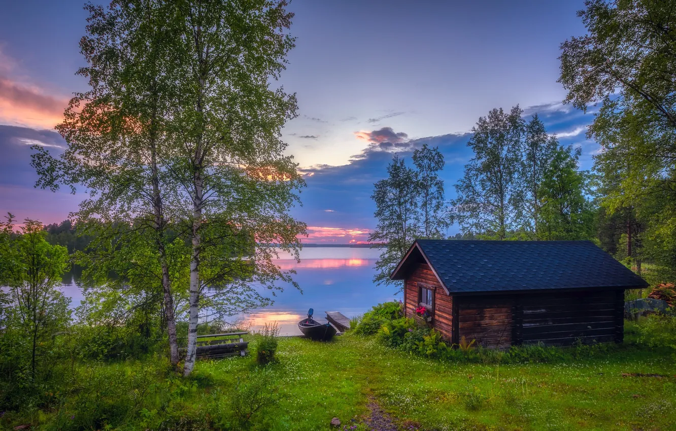 Photo wallpaper the sky, grass, clouds, trees, landscape, sunset, mountains, nature