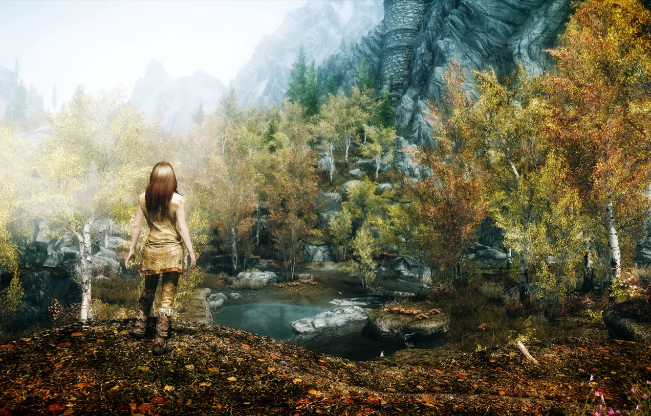 Photo wallpaper girl, Nature, Mountains, The game, Rocks, Trees, Pond, Skyrim