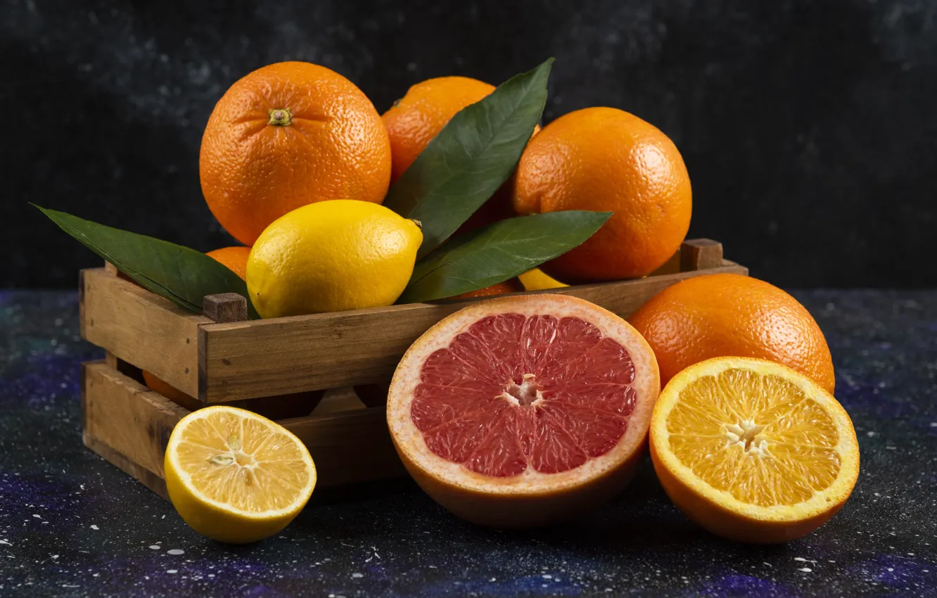 Photo wallpaper oranges, box, citrus, lemons, grapefruit