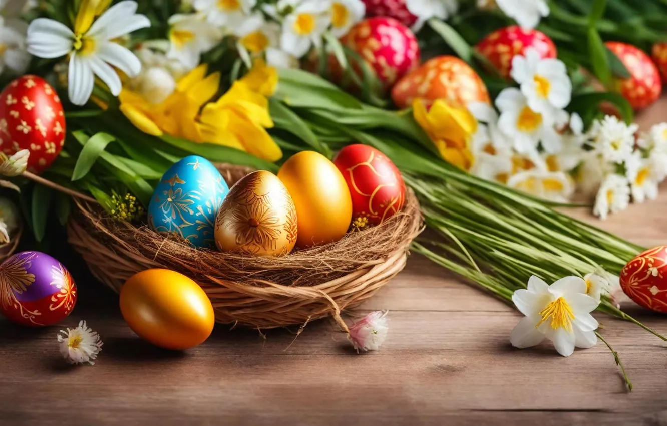 Photo wallpaper flowers, eggs, spring, colorful, Easter, flowers, spring, Easter