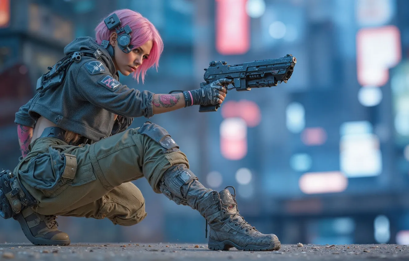 Photo wallpaper city, pink hair, cyberpunk, women, girls with guns, squatting, aiming, depth of field