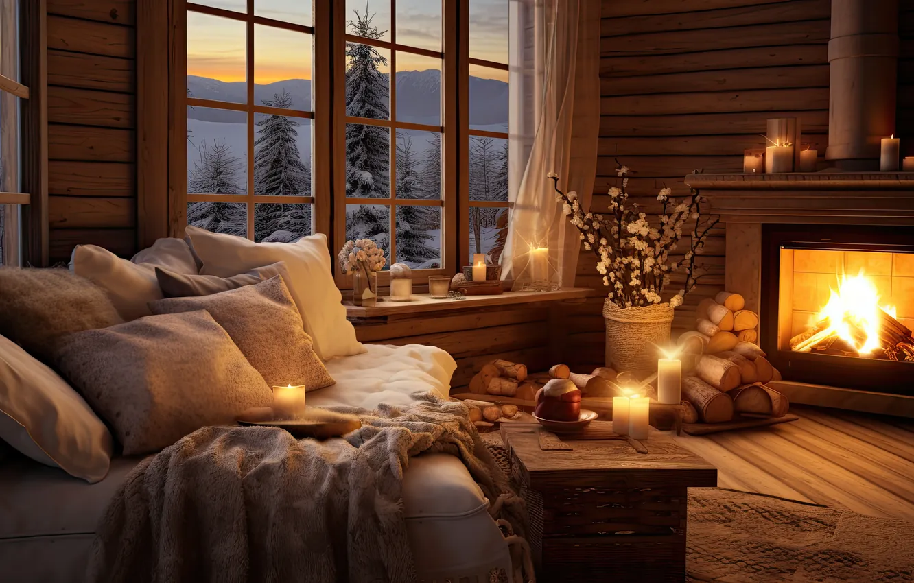 Photo wallpaper winter, snow, lights, comfort, room, sofa, the evening, candles
