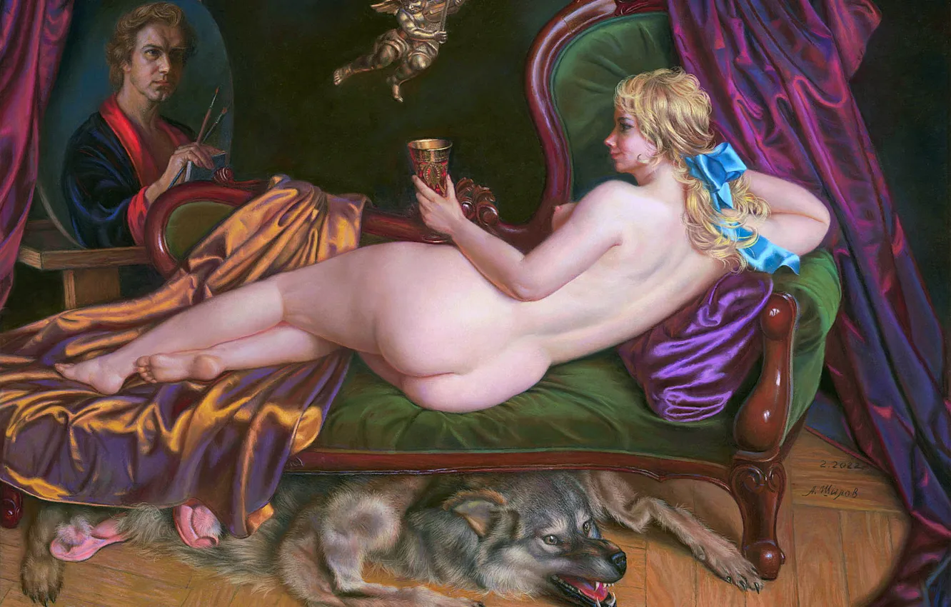 Photo wallpaper girl, dog, picture, male, naked, Alexandr Shilov, Soviet and Russian artist, Alexander Shilov