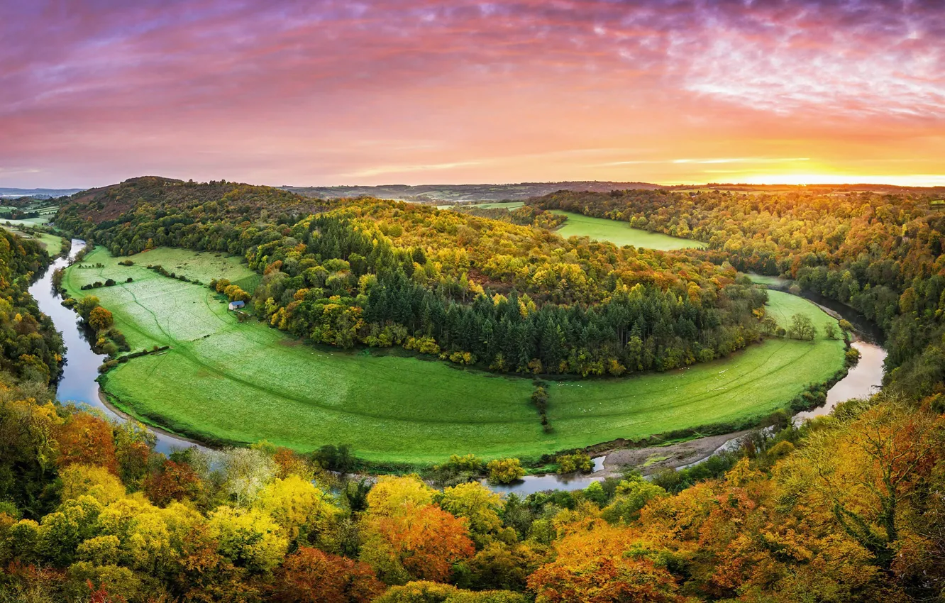 Photo wallpaper autumn, the sky, trees, river, paint, England, River Wye