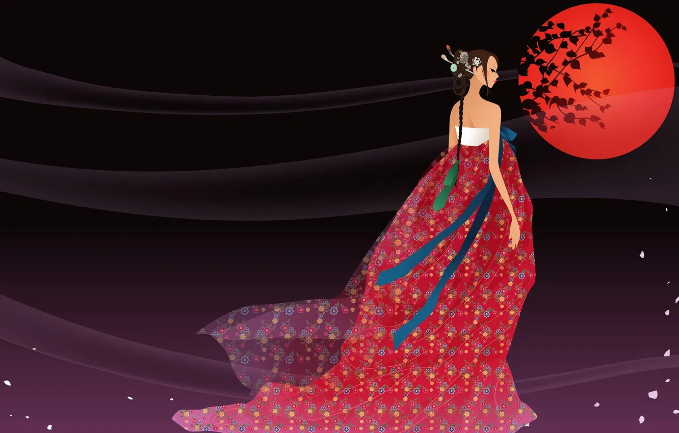 Photo wallpaper girl, flowers, night, the moon, art, Asian