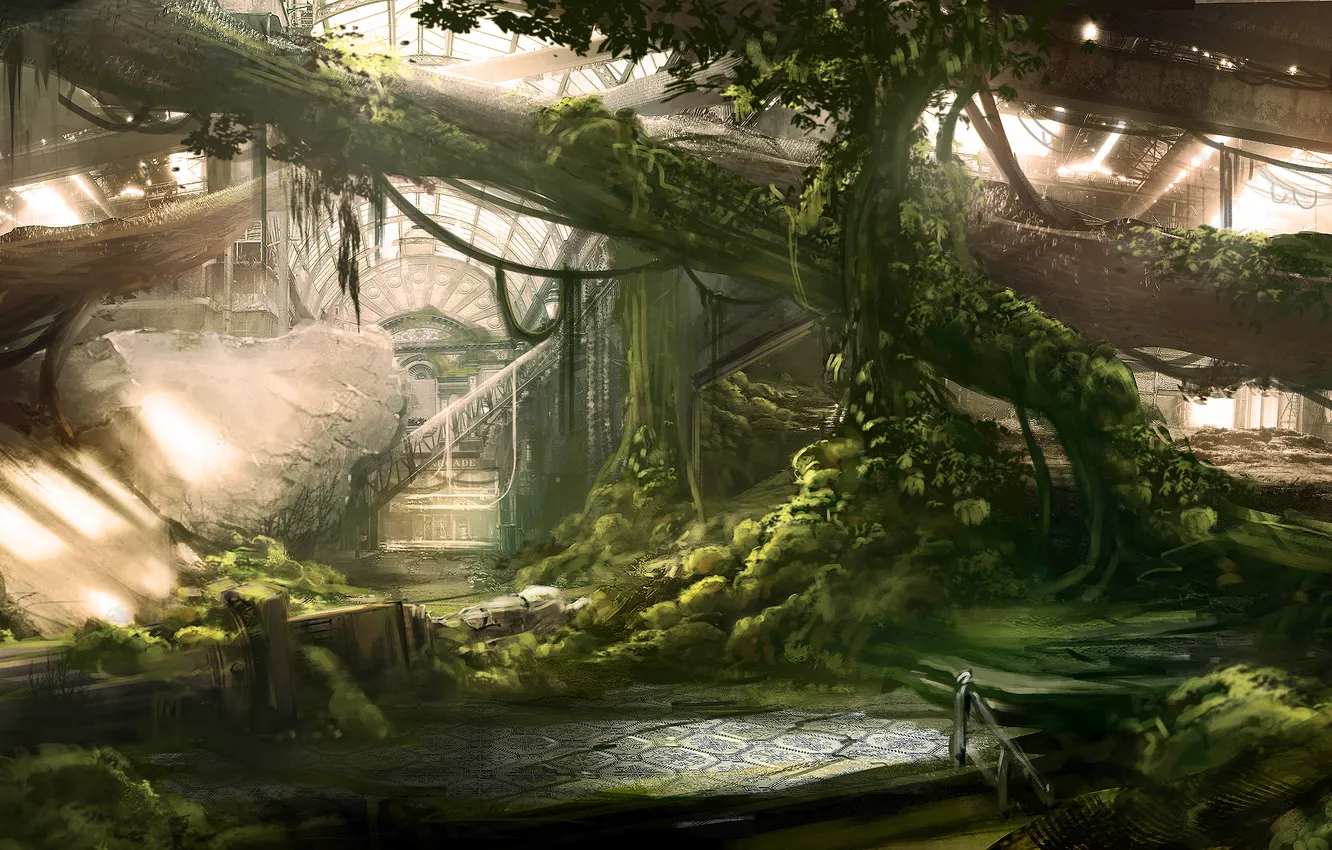 Photo wallpaper trees, the city, people, art, trunk, ruins, abandonment