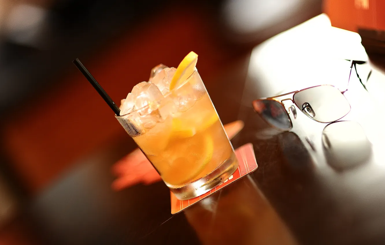 Photo wallpaper ice, table, lemon, orange, glasses, cocktail, citrus, drink