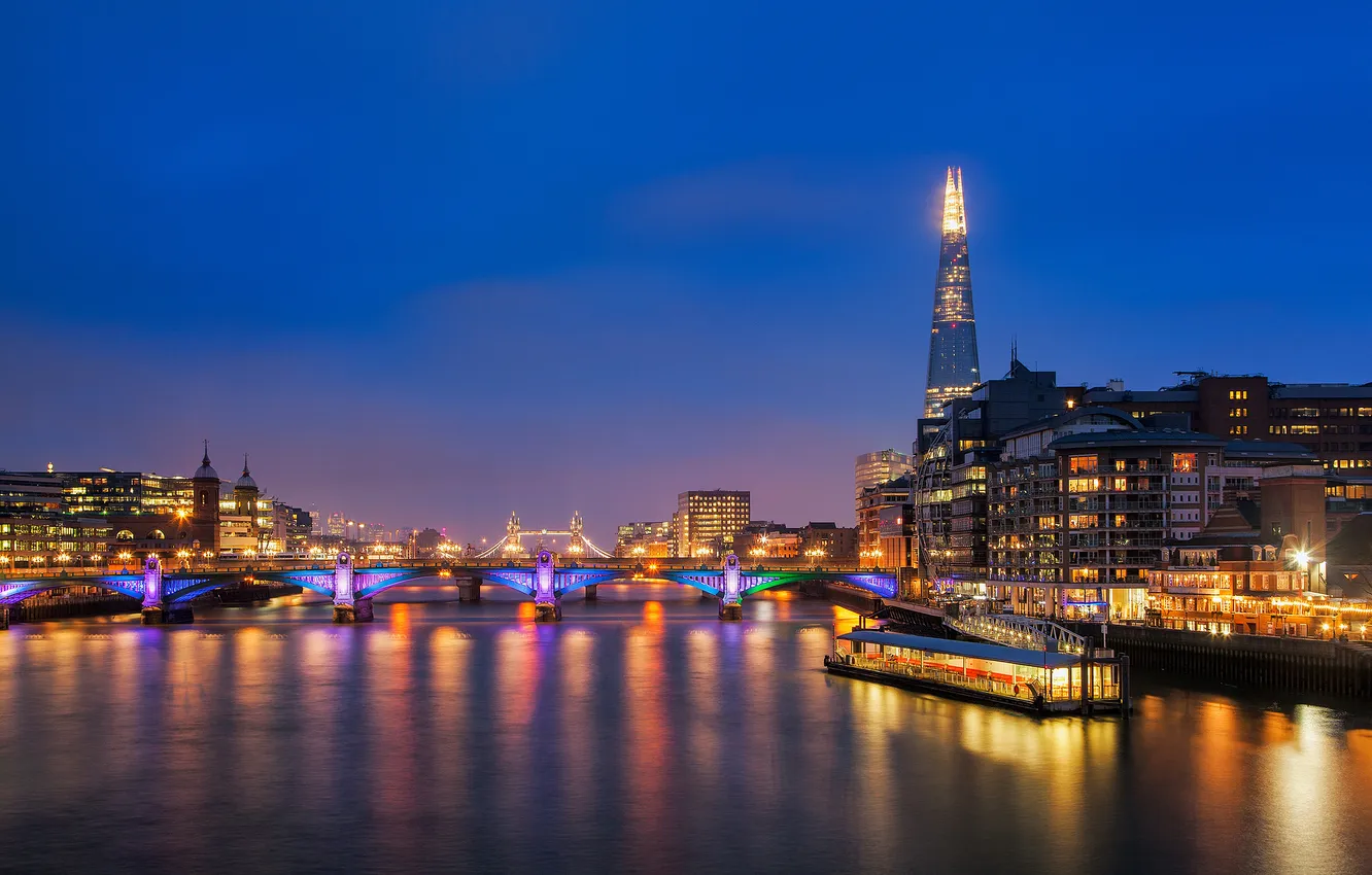 Photo wallpaper night, river, England, London, building, skyscrapers, the evening, backlight