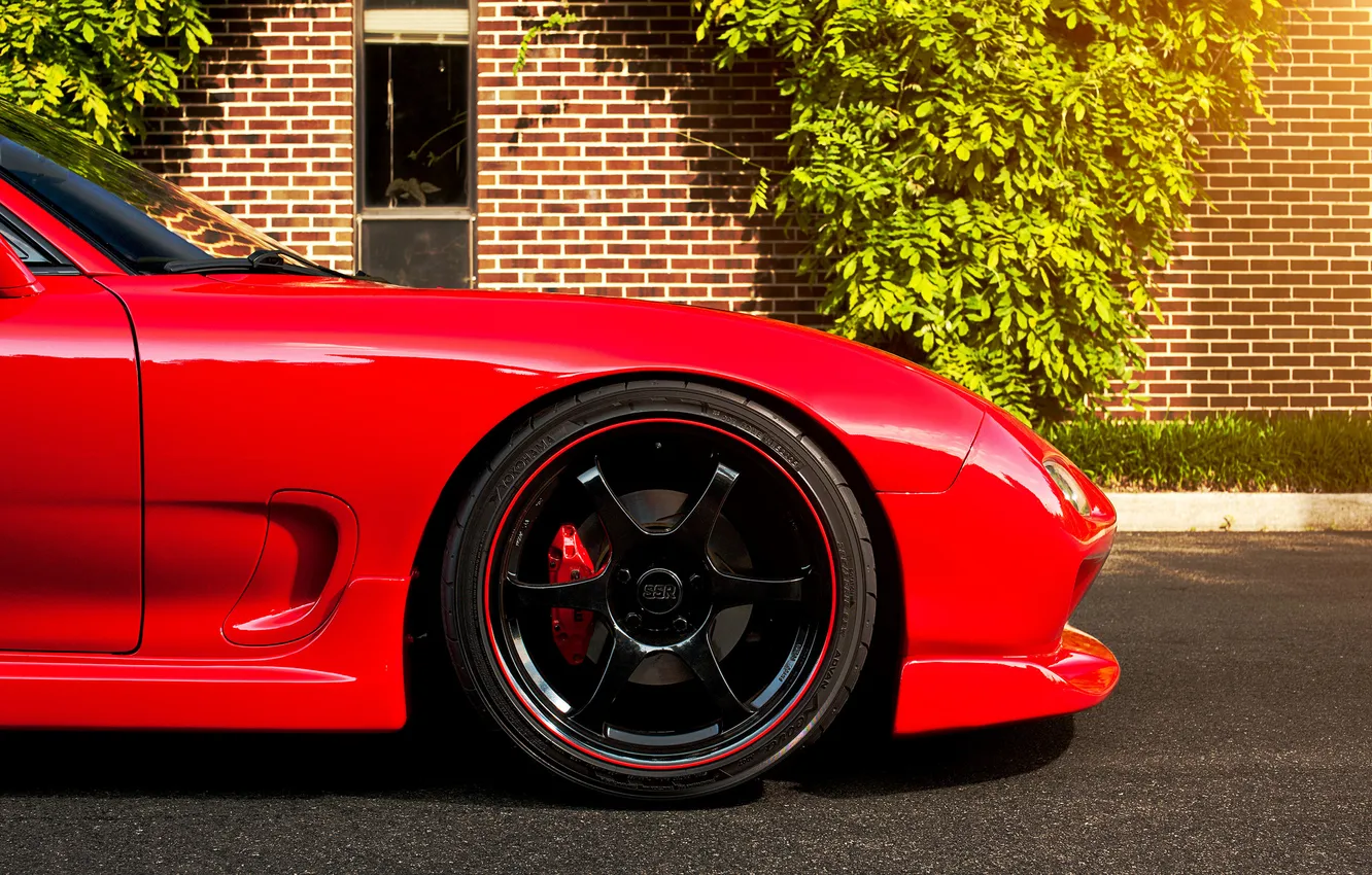 Photo wallpaper red, glare, tires, red, Mazda, drives, Mazda, RX-7