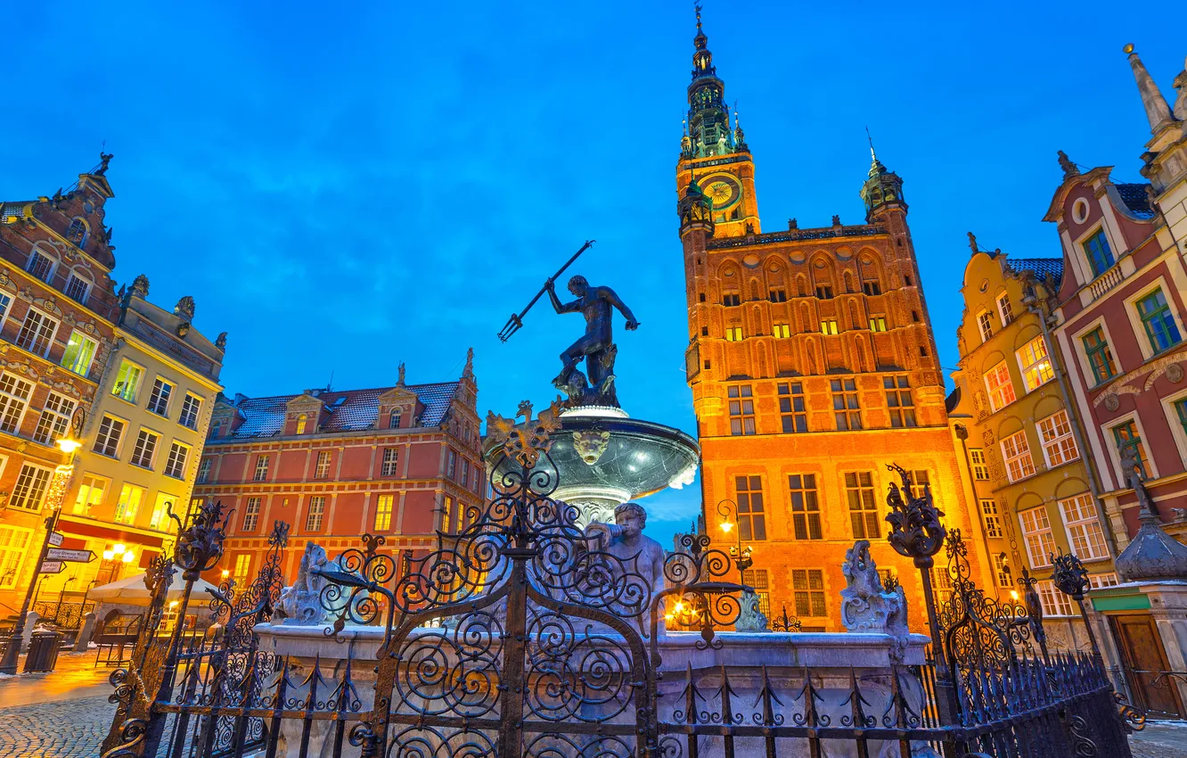 Photo wallpaper building, home, fence, Poland, fountain, Gdansk