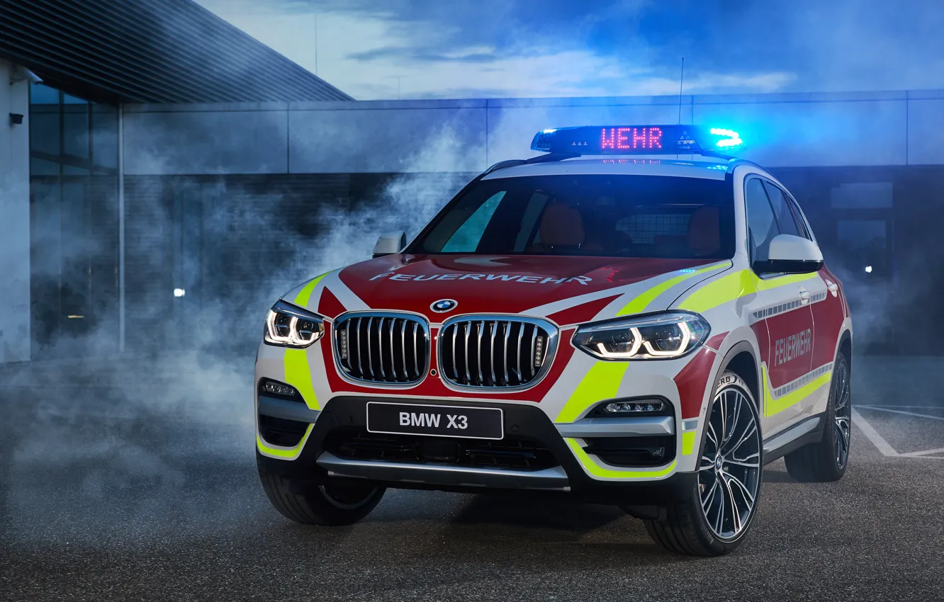 Photo wallpaper 2018, crossover, flashers, Fire, BMW X3, xDrive20d, fire protection