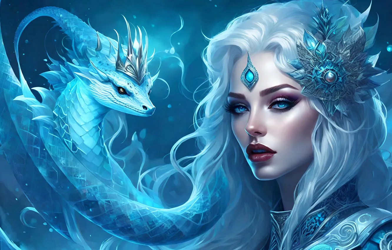 Photo wallpaper girl, magic, dragon, the snow Queen
