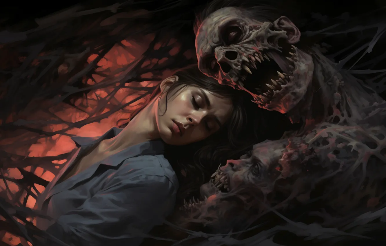 Photo wallpaper girl, teeth, zombies, grin, digital art, AI art, The Art of Artificial Intelligence, neural network