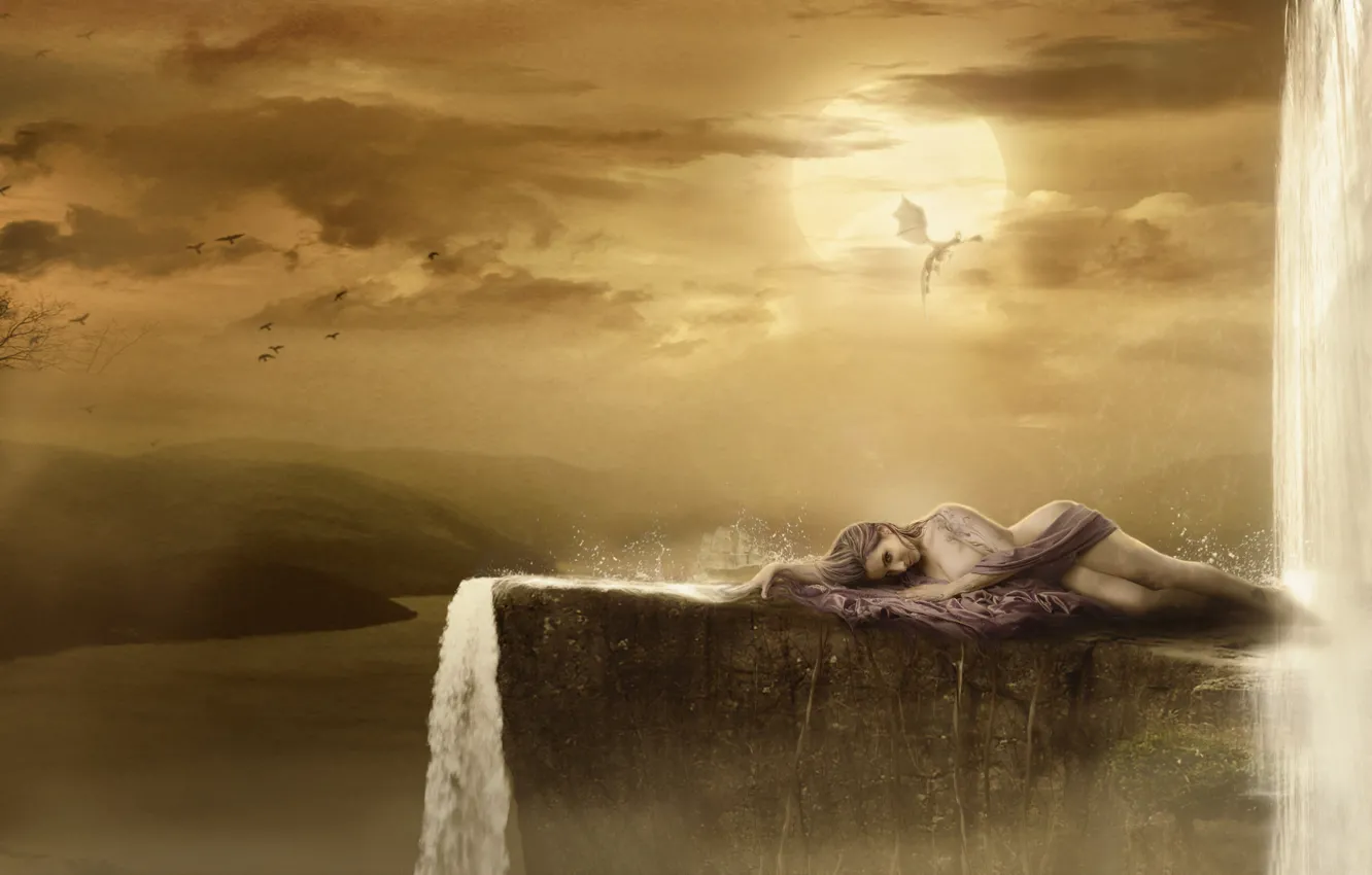 Photo wallpaper girl, waterfall, fantasy
