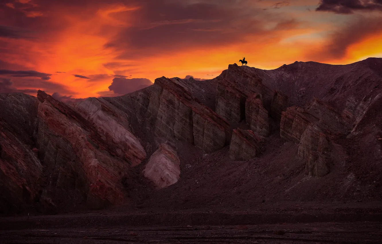 Photo wallpaper sunset, mountains, rocks, horse, horse, height, silhouette