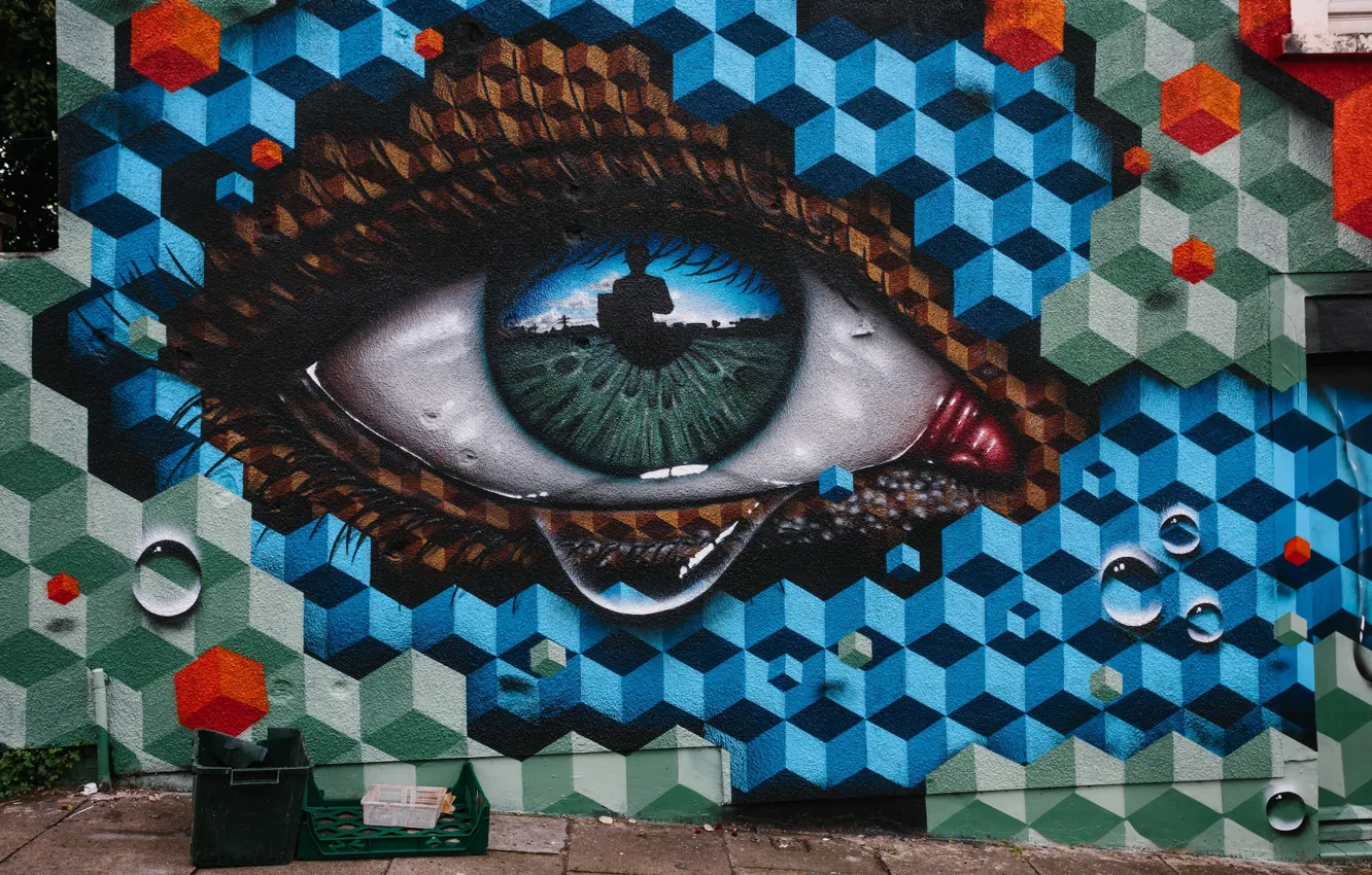 Photo wallpaper eyes, street, graffiti, figure