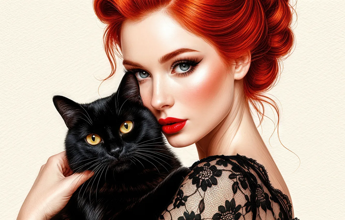 Photo wallpaper cat, cat, look, girl, pose, portrait, makeup, hairstyle