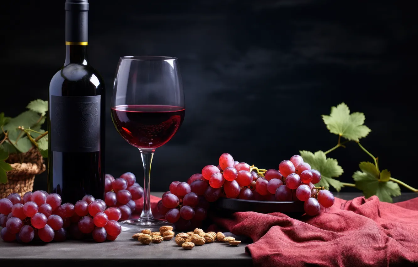Photo wallpaper leaves, the dark background, table, wine, glass, bottle, grapes, alcohol