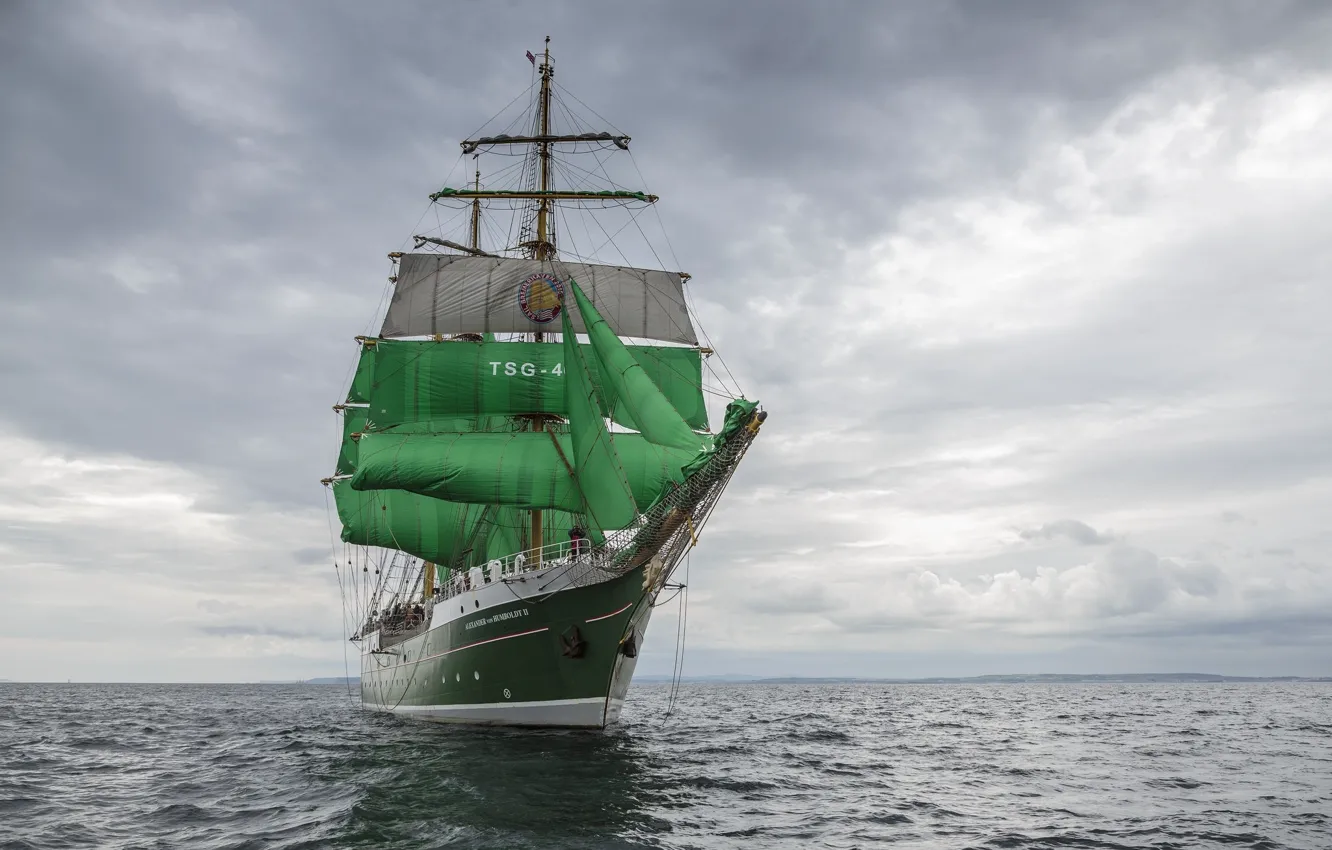 Photo wallpaper clouds, ship, sailboat, green sails