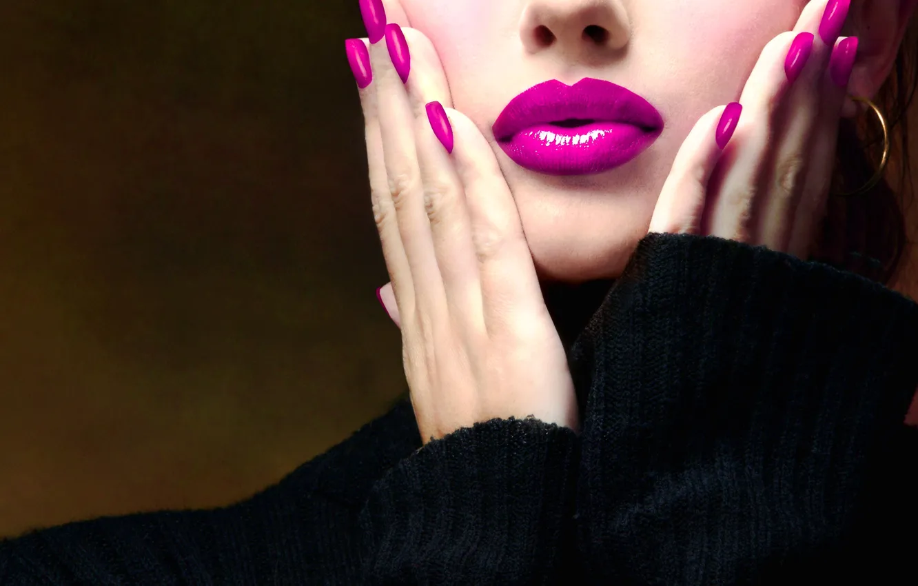 Photo wallpaper girl, face, lipstick, lips, fingers, sweater, manicure