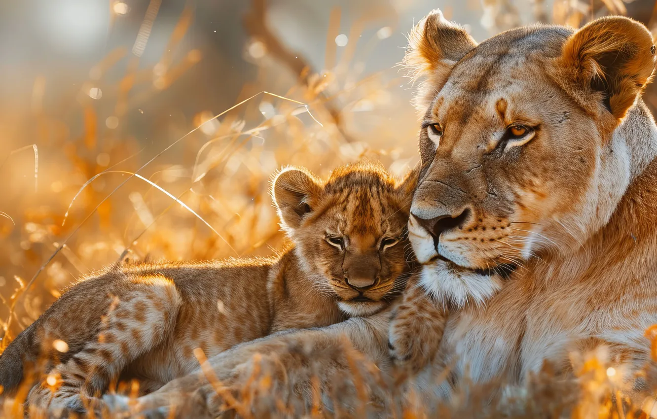 Photo wallpaper grass, predator, Leo, cub, kitty, two, lioness, big cats