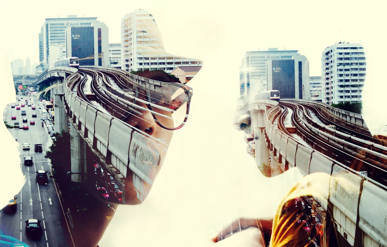 Photo wallpaper men, cityscape, double exposure