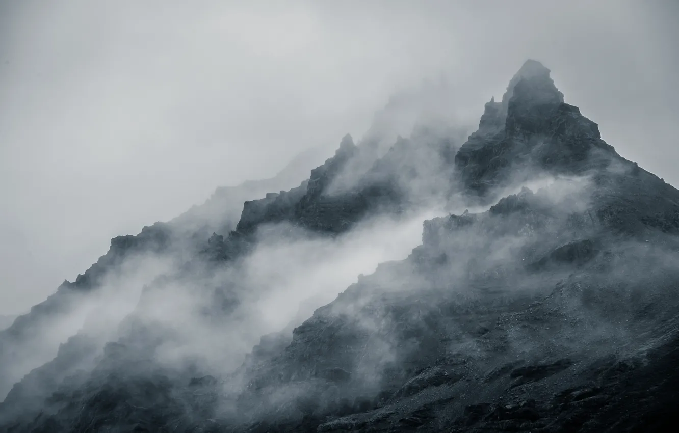 Photo wallpaper stone, clouds, mountain, fog, hills, hill, curves, Angles