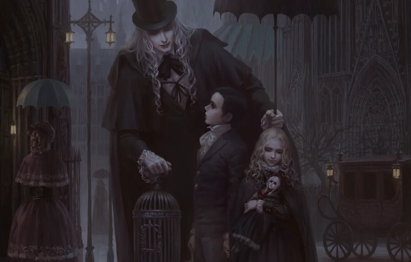 Photo wallpaper children, Gothic, cell, doll, umbrella, lights, male, coach