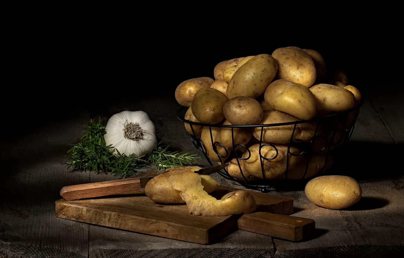 Photo wallpaper food, knife, black background, still life, items, peel, composition, garlic