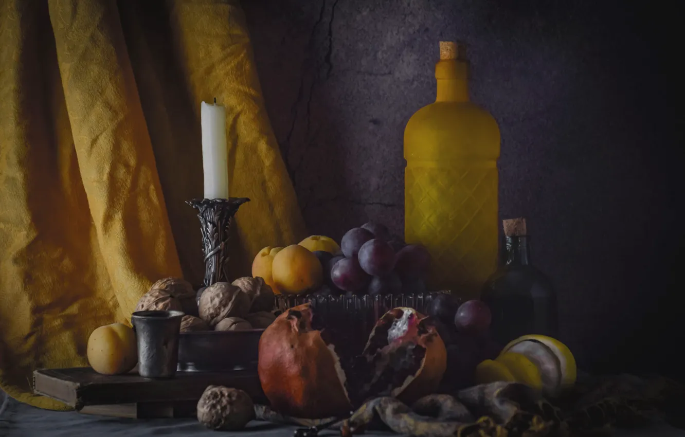 Photo wallpaper the dark background, food, candle, grapes, fabric, bottle, fruit, nuts