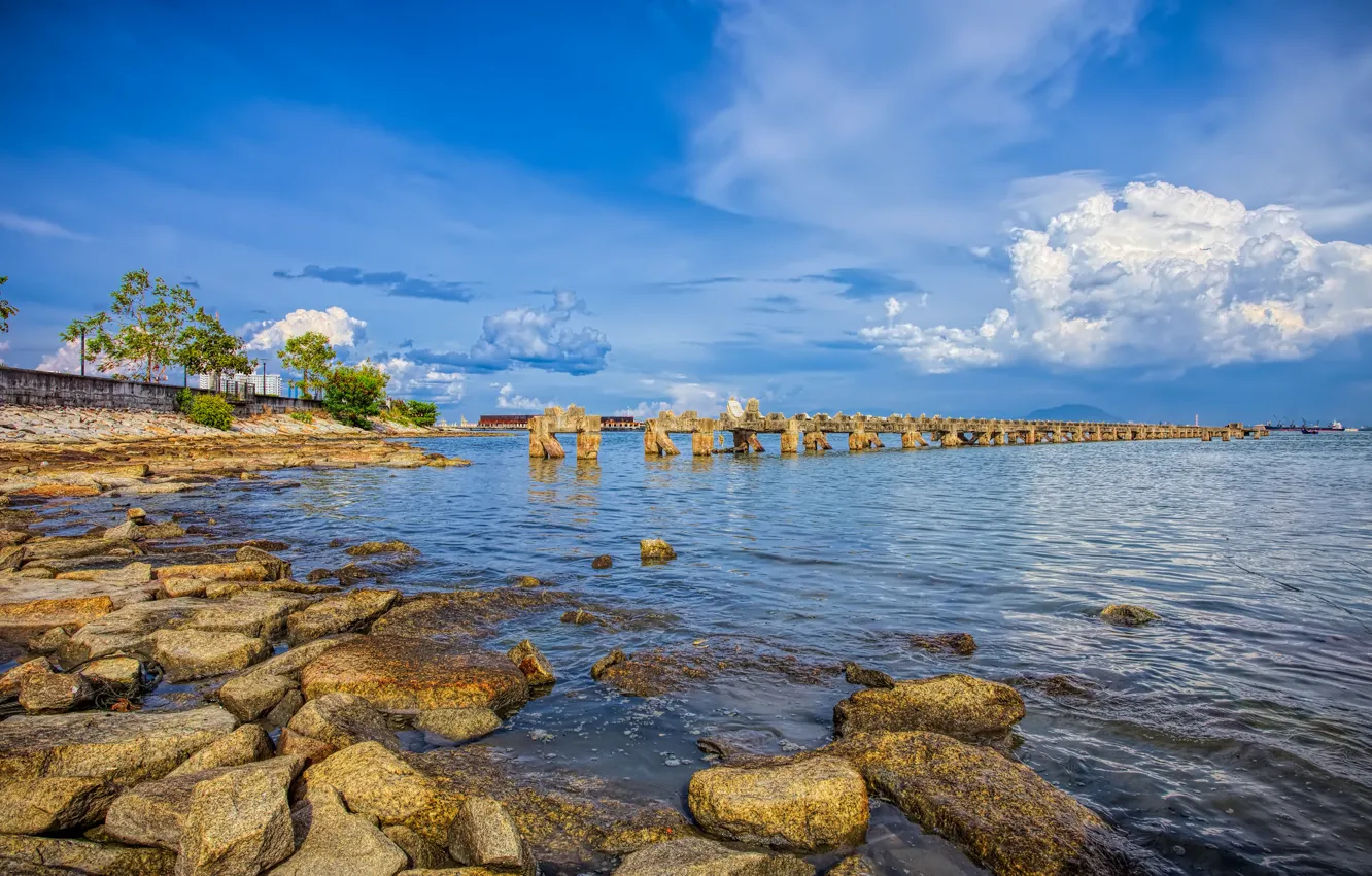 Photo wallpaper sea, the sky, clouds, lake, stones, shore, support, Old bridge